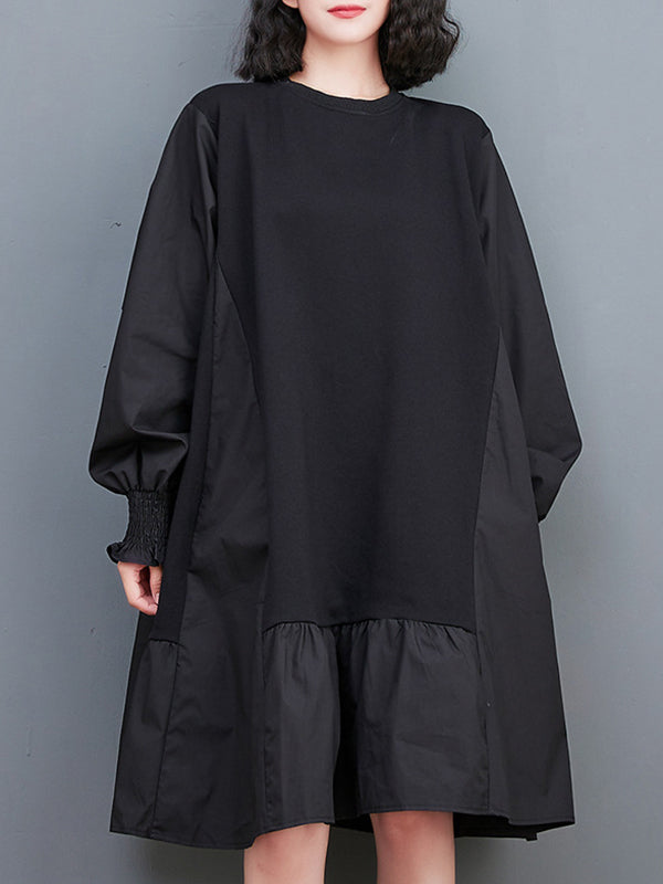 xakxx Loose Puff Sleeves Pleated Solid Color Split-Joint Round-neck Midi Dresses