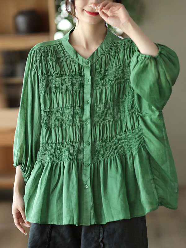 xakxx Loose Three-Quarter Sleeves Pleated Solid Color Split-Joint Stand Collar Blouses&Shirts Tops