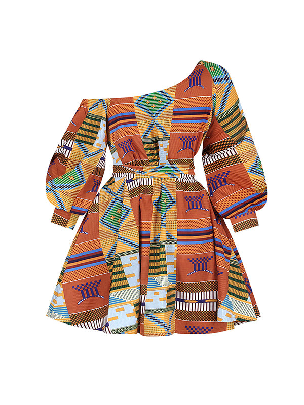 xakxx High Waisted Loose Elasticity Printed Tied Waist One-Shoulder Mini Dresses