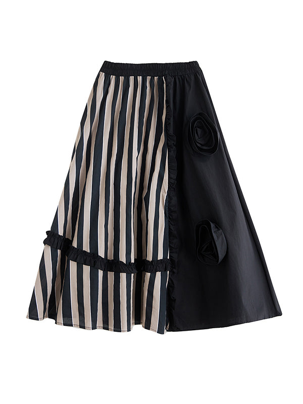 xakxx Elastics High Waisted Loose Flower-Embellished Split-Joint Skirts Bottoms