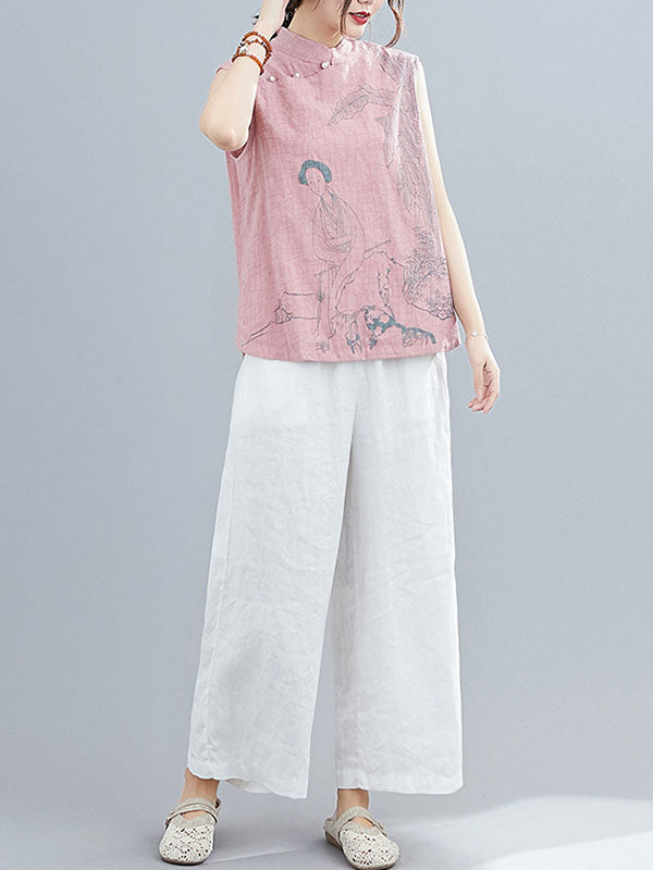 xakxx Artistic Retro Chinese-Style Printed Buttoned Stand Collar Sleeveless Vest