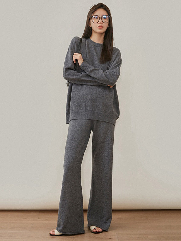 xakxx xakxx-Urban Loose Solid Round-Neck Vest Top& V-Neck Sweater Tops& Wide Leg Pants Three-Piece Set