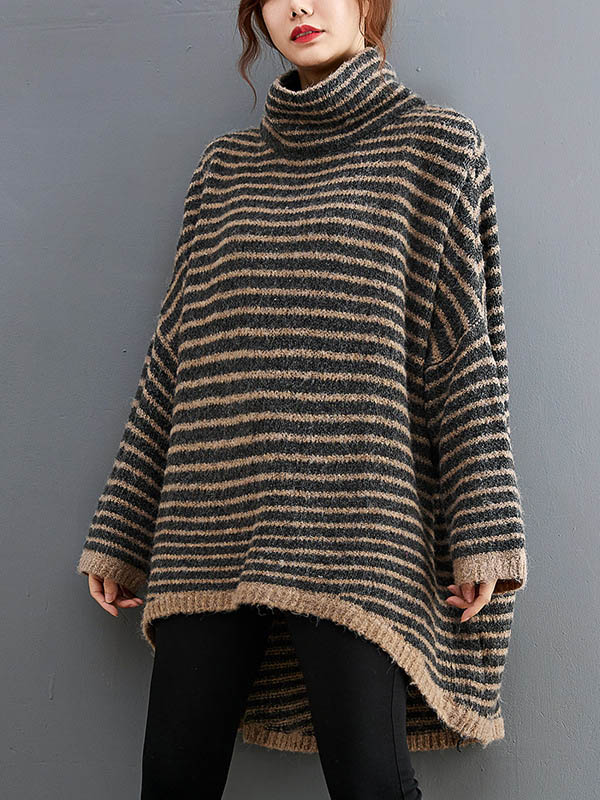 xakxx xakxx-Loose Striped High-Low Heaps Collar Long Sleeves Knitwear