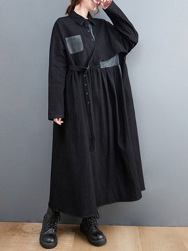 xakxx Original Loose Denim Split-Joint Tied Lapel Collar Long Sleeves Midi Dress