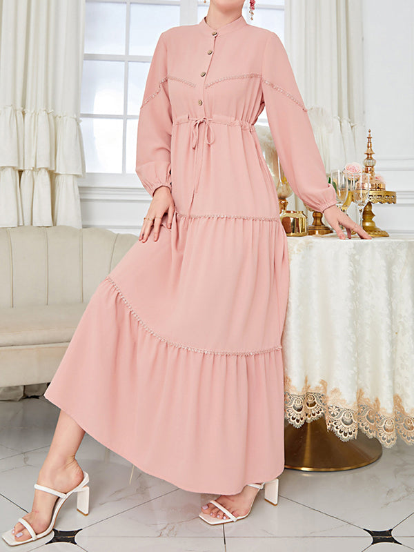 xakxx A-Line Bishop Sleeve Buttoned Drawstring Pleated Split-Joint Mock Neck Maxi Dresses