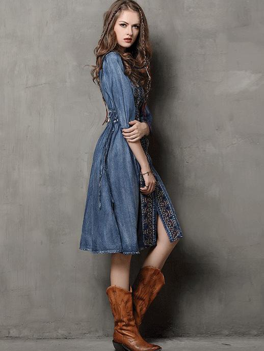 xakxx Vintage Oversize Embroidery Denim Dress