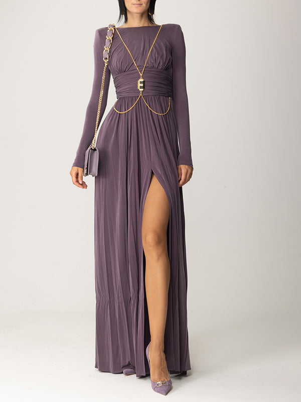 xakxx Long Sleeves Backless No Body Chain Pleated Solid Color Tied Waist Maxi Dresses