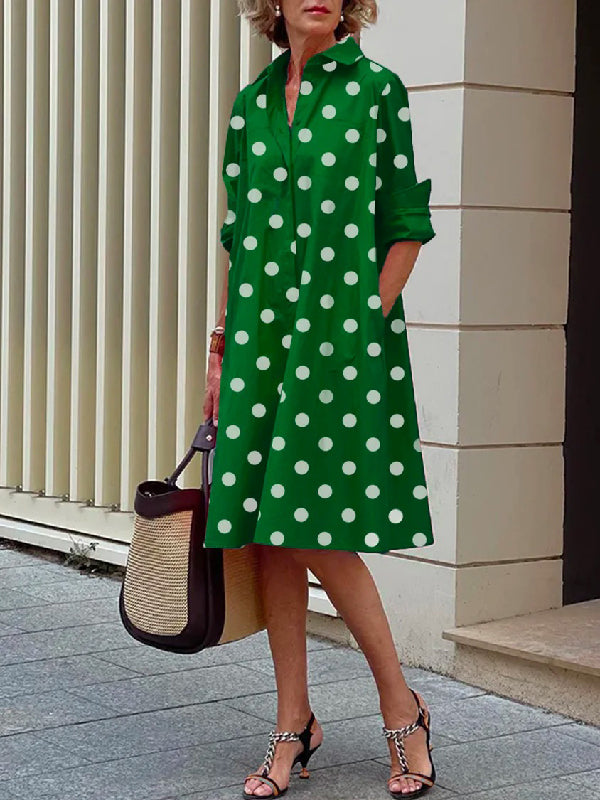 xakxx Vintage Long Sleeves Polka Dot Lapel Midi Dresses