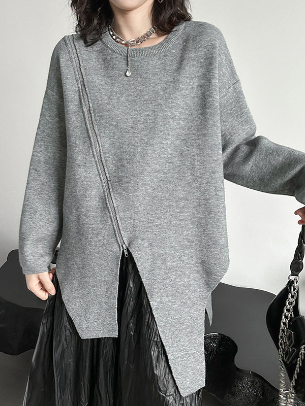 xakxx High-Low Long Sleeves Asymmetric Solid Color Zipper Round-Neck Pullovers Sweater Tops