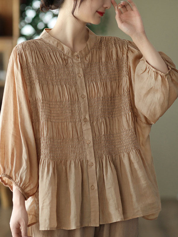 xakxx Loose Three-Quarter Sleeves Pleated Solid Color Split-Joint Stand Collar Blouses&Shirts Tops