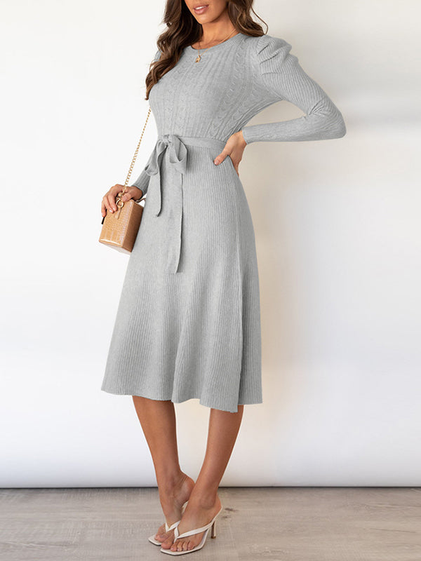 xakxx High Waisted Long Sleeves Solid Color Tied Waist Round-Neck Midi Dresses Sweater Dresses