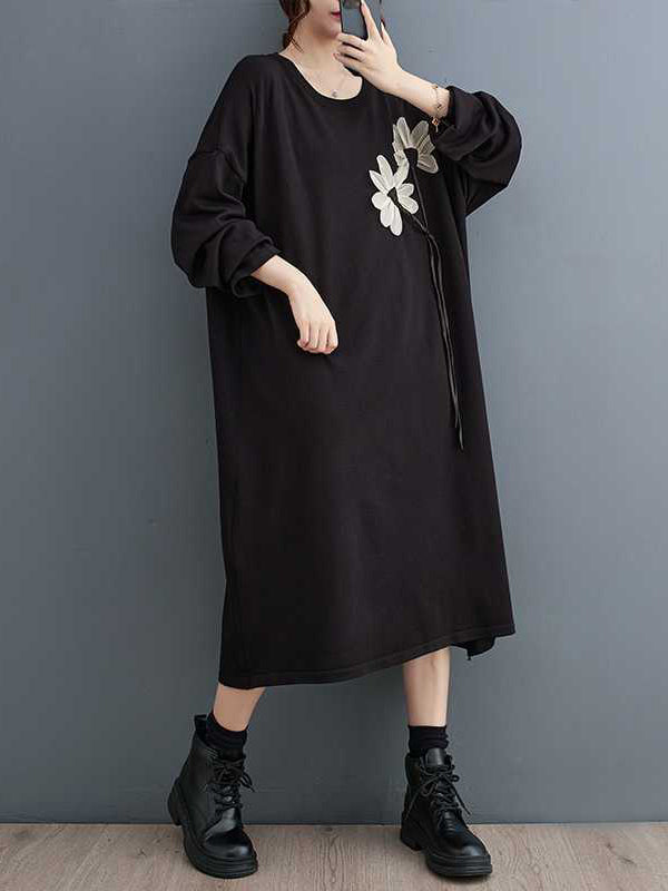 xakxx A-Line Long Sleeves Flower Print Keep Warm Round-Neck Midi Dresses