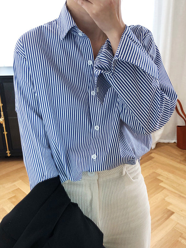 xakxx Urban Loose Striped Lapel Collar Blouses&Shirts Tops