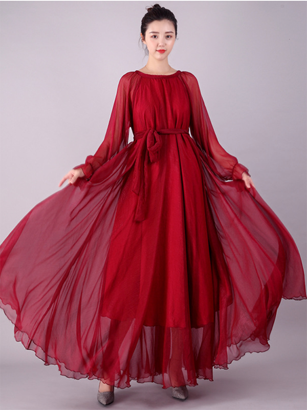 xakxx Artistic Retro Vintage Loose Solid Color Maxi Dress
