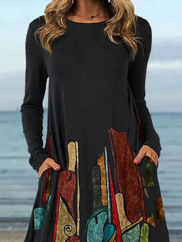 xakxx Casual Long Sleeves Loose Contrast Color Printed Round-Neck Mini Dresses