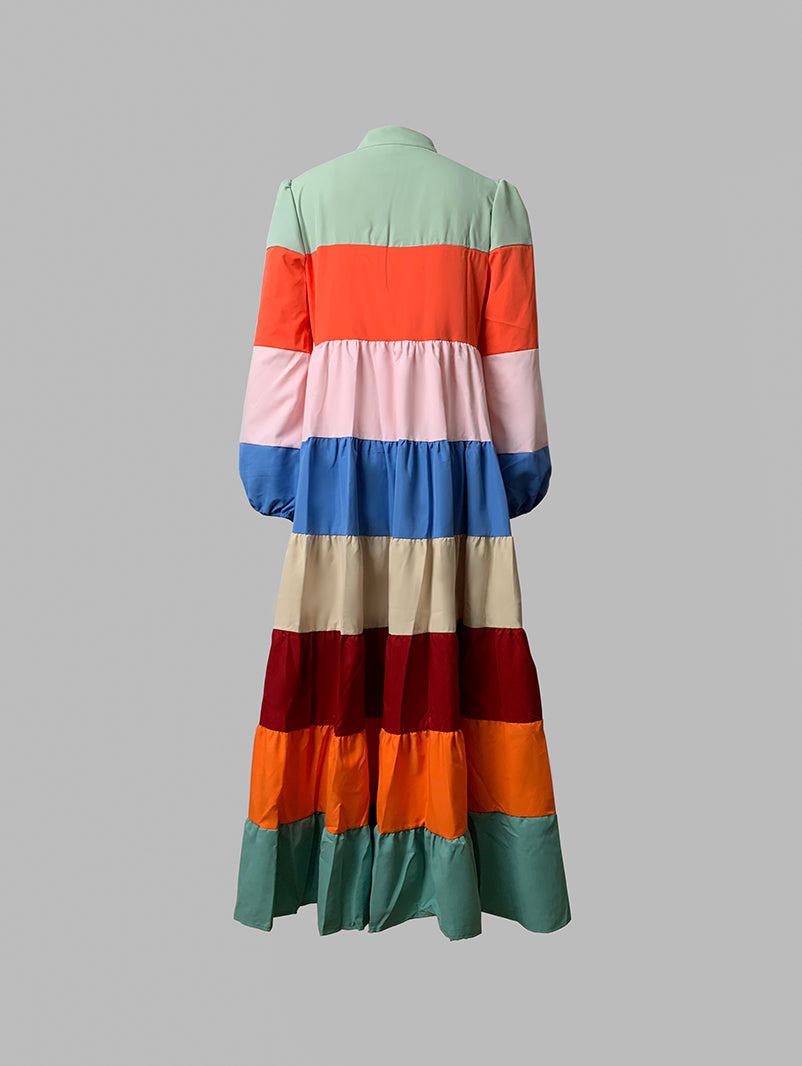 xakxx Long Sleeves Loose Buttoned Contrast Color Striped Stand Collar Maxi Dresses Outerwear
