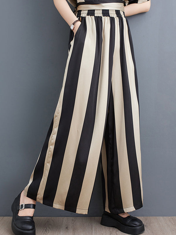 xakxx Irregular Clipping Loose Striped Round-Neck T-Shirt + Wide Leg Pants Two Pieces Set
