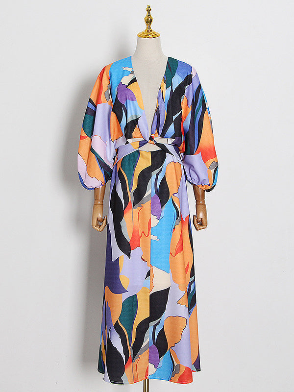 xakxx Original Puff Sleeves Loose Contrast Color Printed Deep V-Neck Maxi Dresses