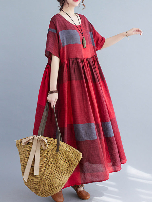 xakxx Artistic Retro Loose Color-Block Pleated Round-Neck Half Sleeves Midi Dress