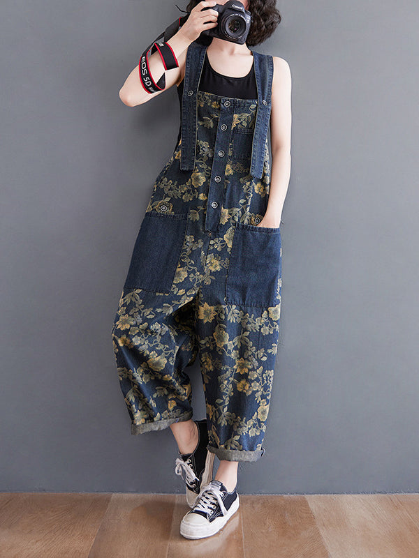 xakxx Oversize Floral Printed Denim Overalls