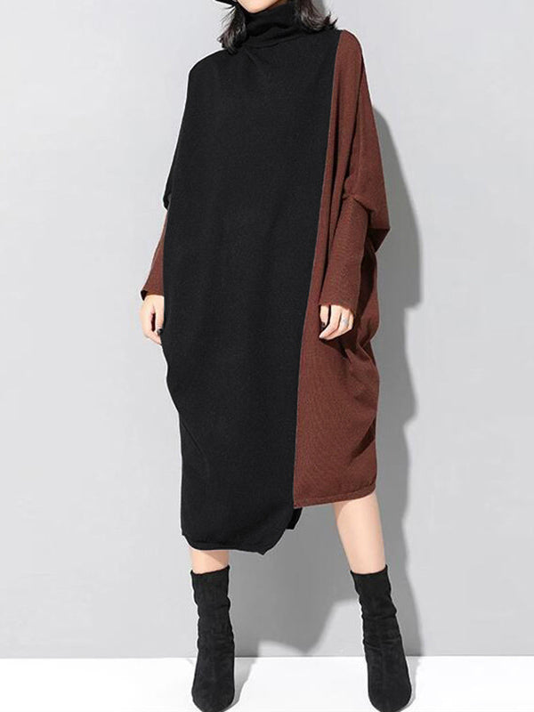 xakxx Casual Loose Split-Joint Contrast Color High-Neck Long Sleeves Dress