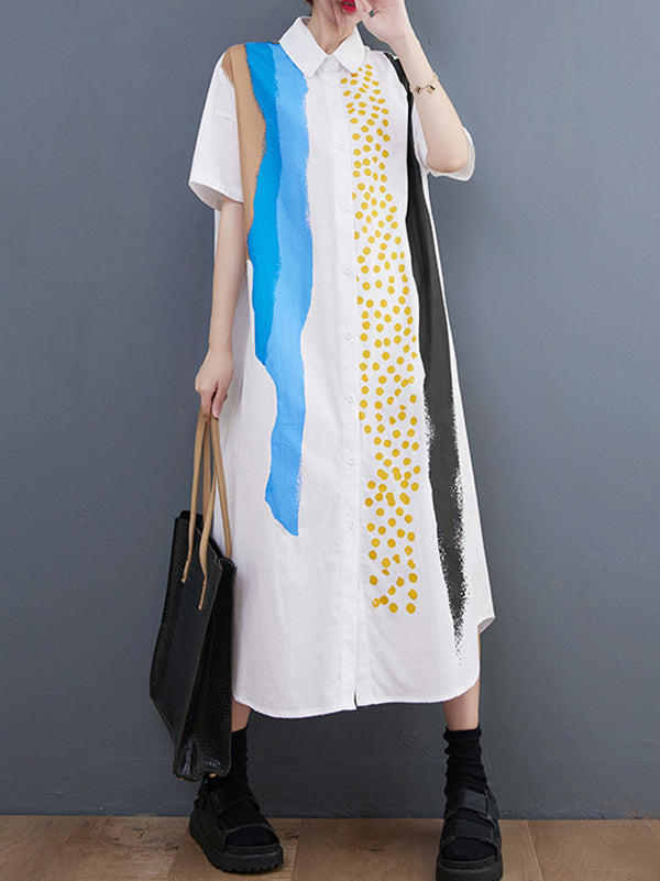 xakxx Artistic Retro Short Sleeves Loose Contrast Color Polka-Dot Lapel Collar Midi Shirt Dress