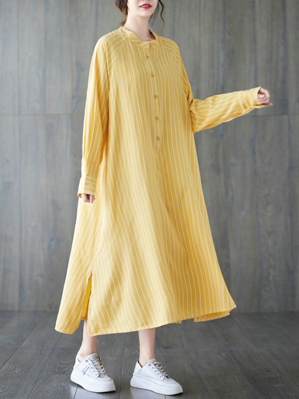 xakxx Long Sleeves Loose Buttoned Split-Side Striped Round-Neck Midi Dresses Shirt Dress