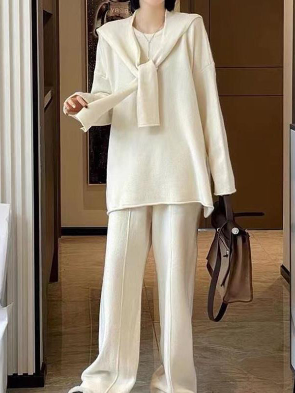 xakxx xakxx-Solid Color Long Sleeves Loose Round-Neck Three Pieces Set