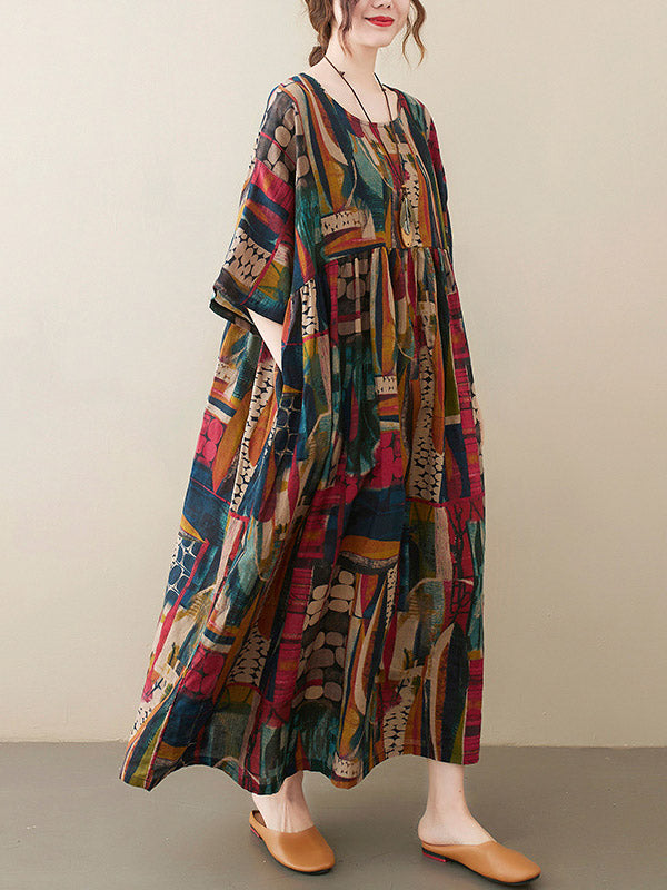 xakxx Vintage Loose Abstract Printed Pleated Round-Neck Half Sleeves Midi Dress
