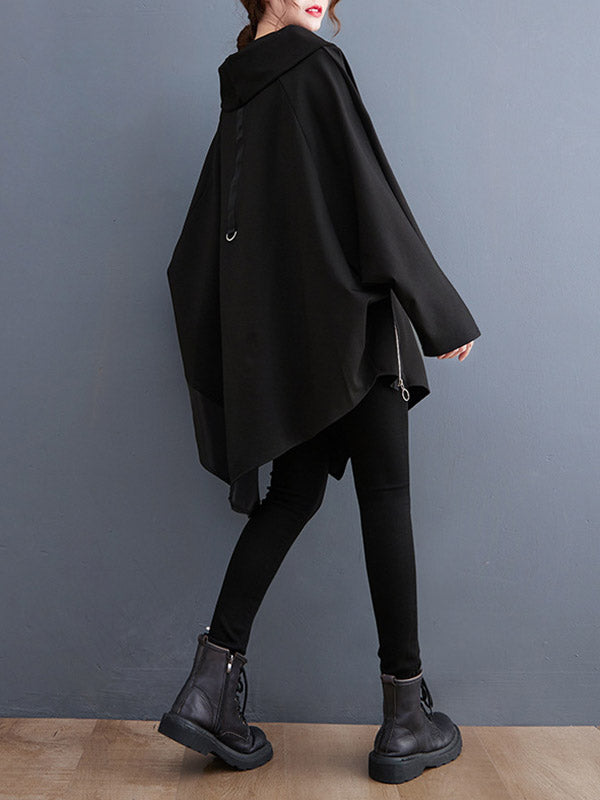 xakxx Long Sleeves Loose Asymmetric Split-Joint Zipper Heaps Collar Sweatshirt Tops