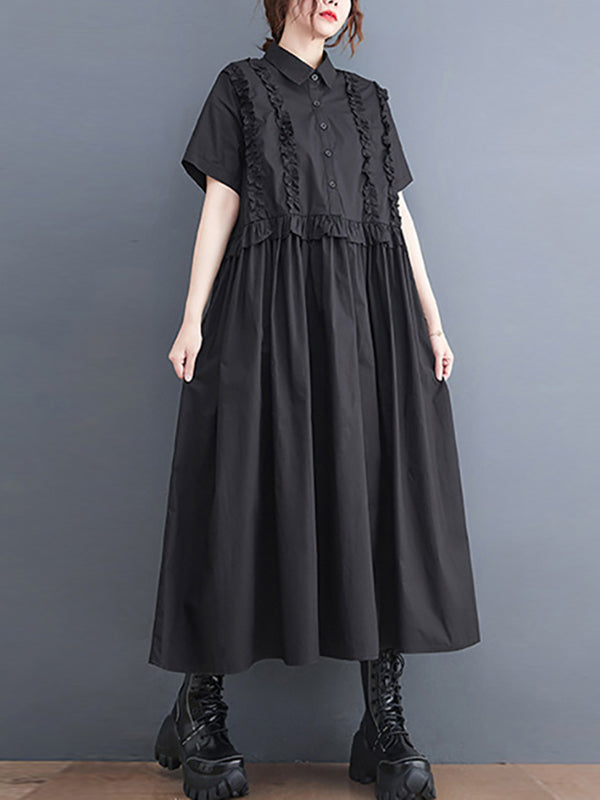 xakxx Simple Short Sleeves Loose Buttoned Falbala Split-Joint Solid Color Midi Shirt Dress