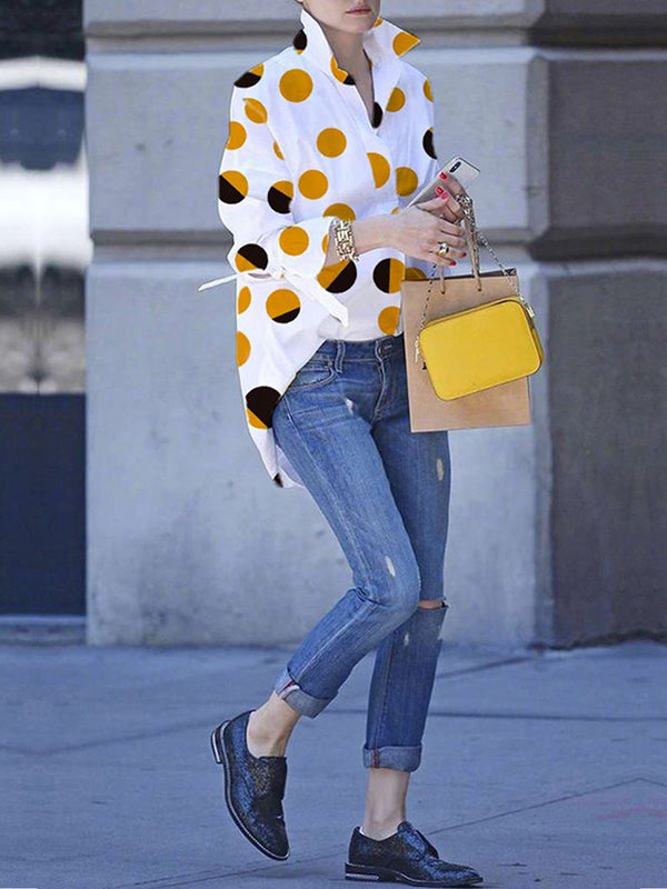 xakxx Long Sleeves Loose Contrast Color Polka Dot Printed Lapel Blouses