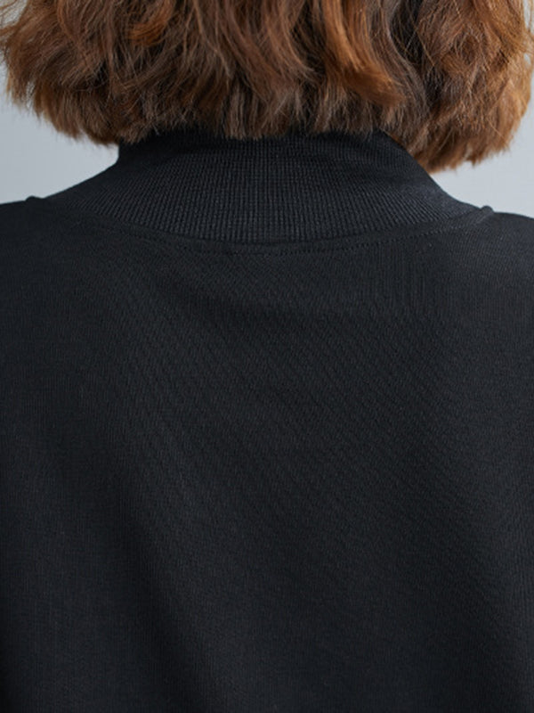 xakxx Simple Long Sleeves Loose Split-Joint Solid Color High-Neck Sweatshirt Tops