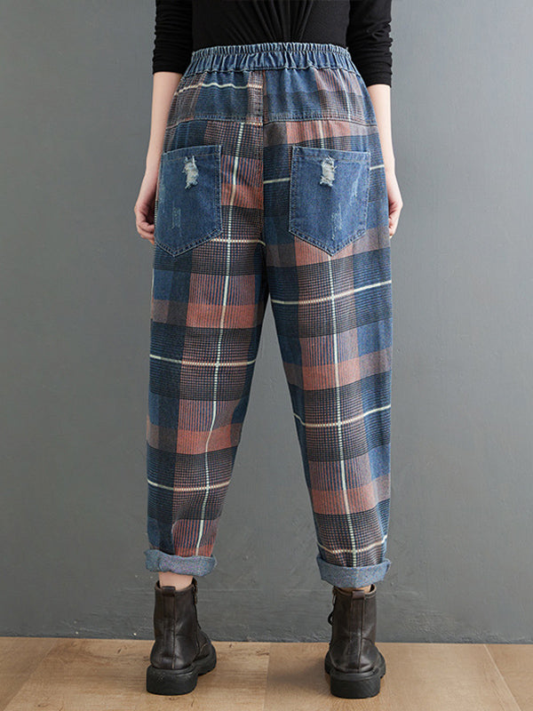 xakxx Original Artistic Retro Plaid Jean Pants