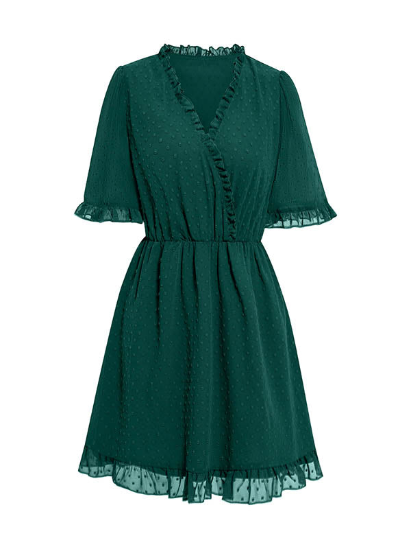 xakxx A-Line Loose Jacquard Ruffled Solid Color V-Neck Mini Dresses