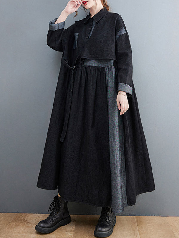 xakxx Original Loose Denim Split-Joint Tied Lapel Collar Long Sleeves Midi Dress