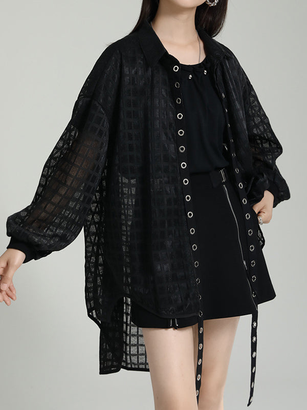 xakxx High-Low Long Sleeves Gauze See-Through Round-Neck Blouses&Shirts Tops