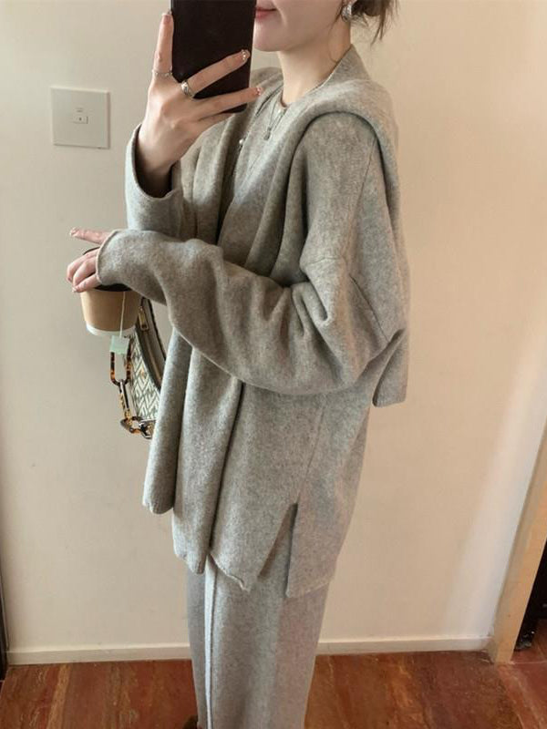 xakxx xakxx-Solid Color Long Sleeves Loose Round-Neck Three Pieces Set