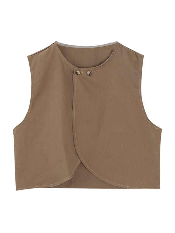 xakxx Artistic Retro Loose Sleeveless Solid Color Round-Neck Vest Outerwear