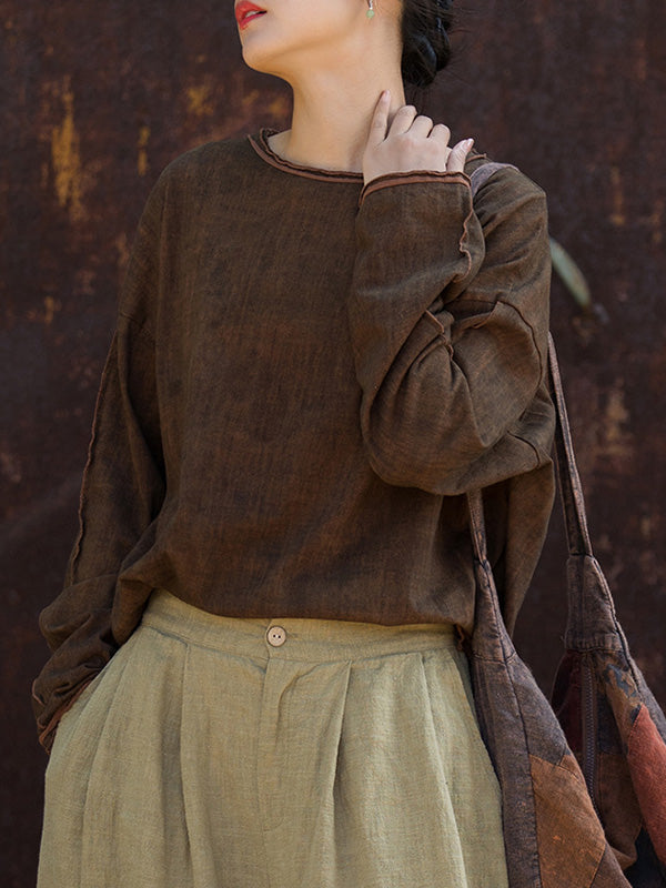 xakxx High-Low Long Sleeves Solid Color Split-Joint Split-Side Round-Neck T-Shirts