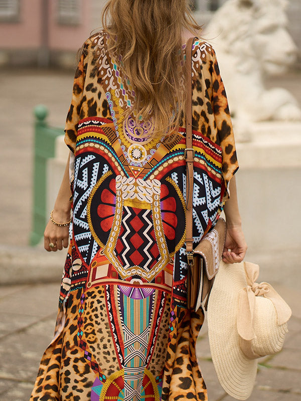 xakxx Batwing Sleeves Loose Leopard Printed Split-Side V-Neck Beach Cover-Up Maxi Dresses