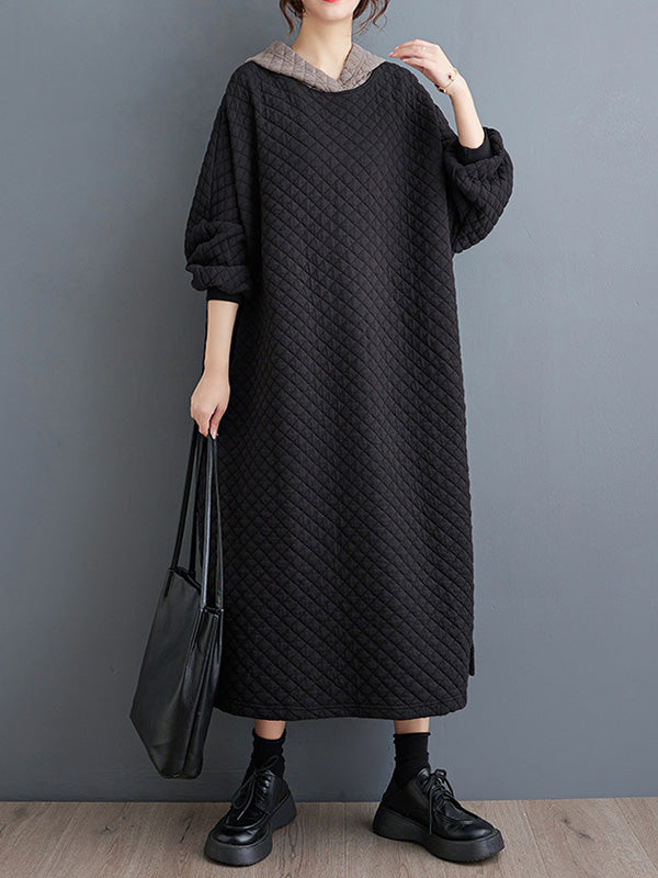 xakxx A-Line Long Sleeves Hooded Quilted Split-Side Midi Dresses