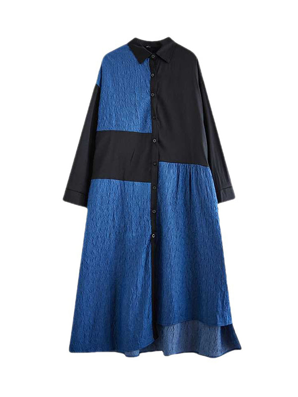 xakxx High-Low Long Sleeves Asymmetric Buttoned Split-Joint Lapel Midi Dresses
