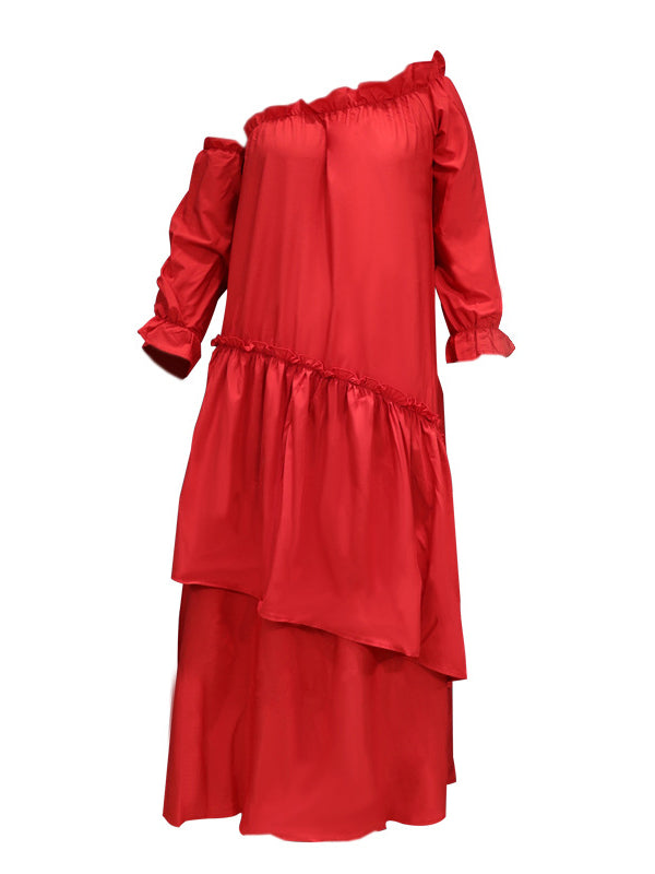 xakxx Loose Irregularity Falbala Solid Color Off-The-Shoulder Midi Dresses