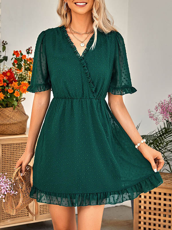 xakxx A-Line Loose Jacquard Ruffled Solid Color V-Neck Mini Dresses