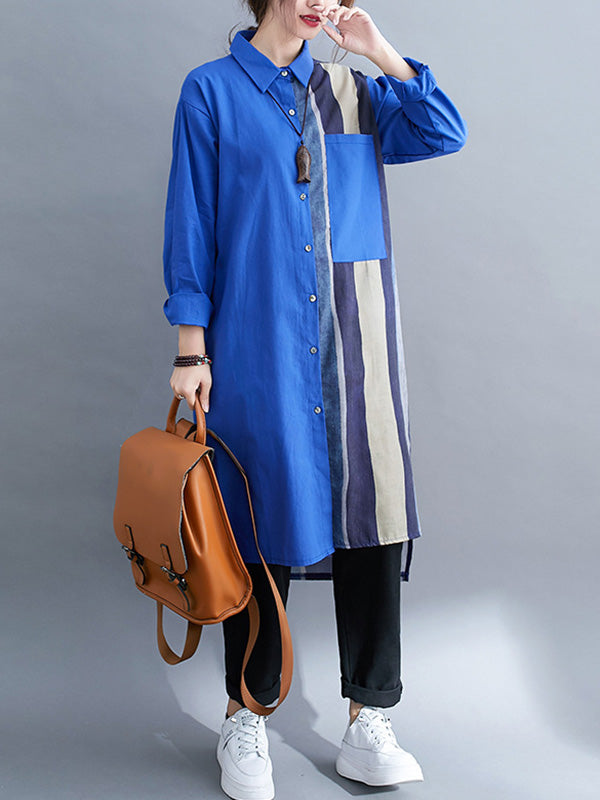 xakxx Original Buttoned Contrast Color Split-Joint Long Sleeves Lapel Blouse