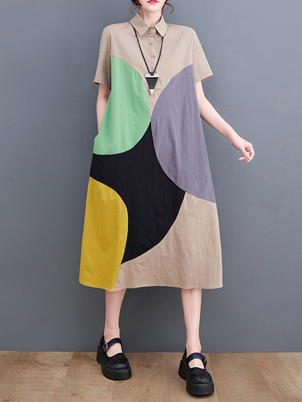xakxx Loose Oversize Color-Block Contrast Color Split-Joint Lapel Midi Dresses Shirt Dress