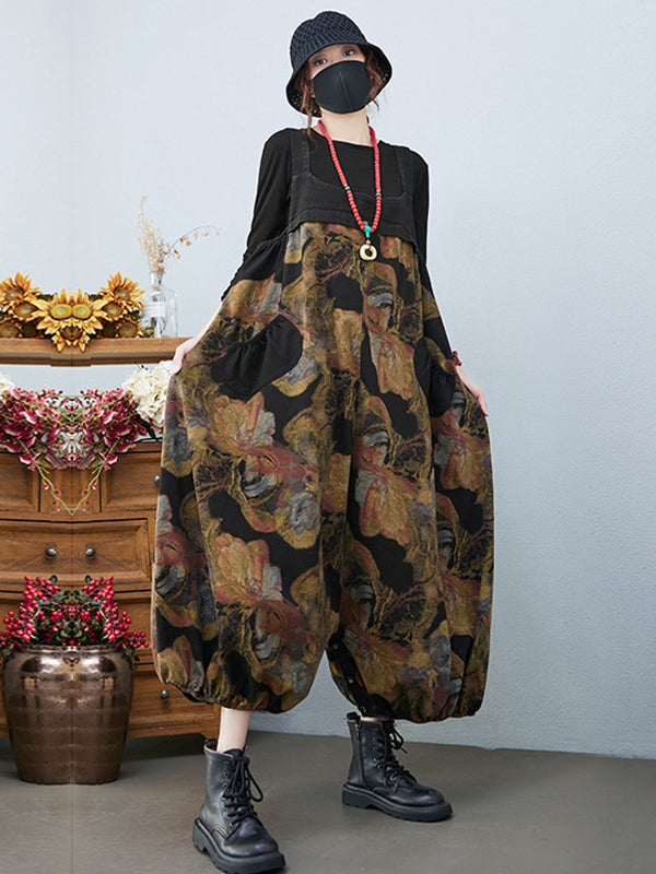 xakxx Artistic Retro Vintage Loose Floral Printed Square-Neck Sleeveless Overalls