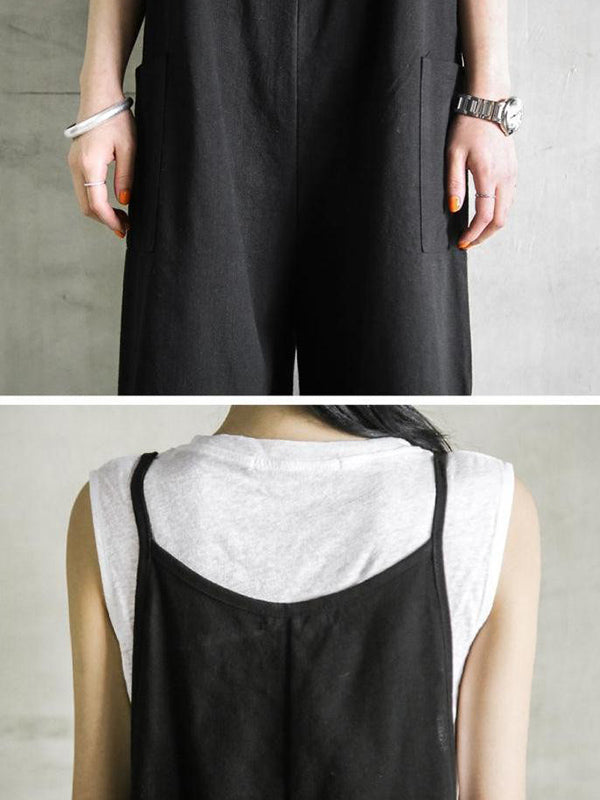 xakxx Black&Khaki Casual Spaghetti-Neck Loose Wide-Leg Overalls