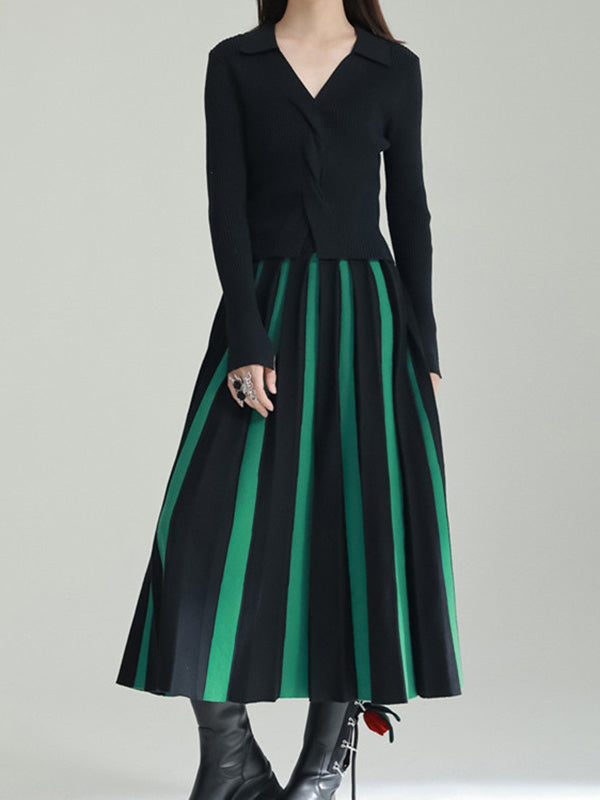xakxx A-Line Loose Contrast Color Pleated Skirts Bottoms